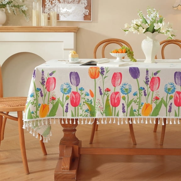Tulip Flower Printed Cotton-Polyester Tablecloth - Rectangular Tasseled Rug for Coffee Table & Dining Table