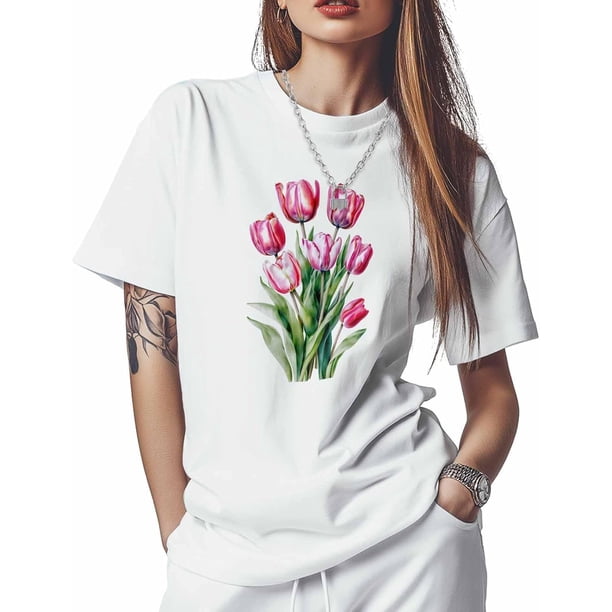 Womens T Shirts Pink Tulip Crewneck Short Sleeve Shirts for Women Flower Loose Fit Lightweight Casual Tees Tops