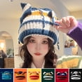 thumbnail image 2 of Pig Ear Decor  Dome Elastic Knitting Hat Women Winter Striped Print Riding Beanie Cap, 2 of 10