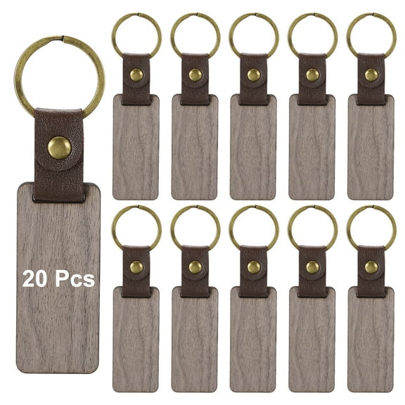 Wood Keychain Blanks, 20pcs Wooden Keychain Blanks Keychain Bulk Rectangle Walnut Leather Strap for Laser Engraving