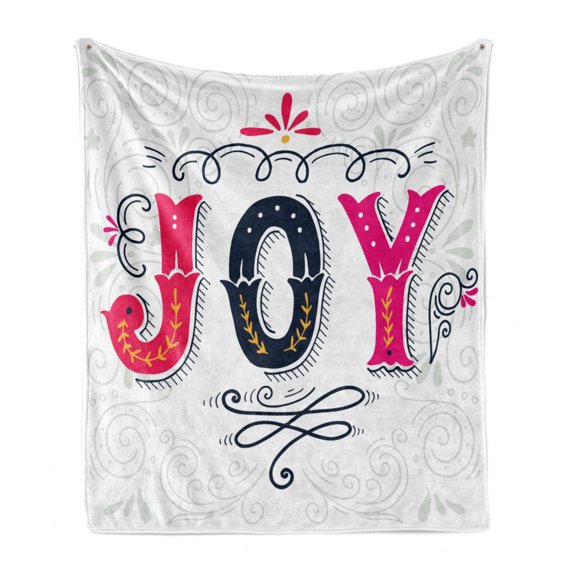 JOY Soft Flannel Fleece Throw Blanket, Retro Vibrant Joy Calligraphy on Victorian Baroque Ornate Classic Backdrop, Cozy Plush for Indoor and Outdoor Use, 60" x 80", Indigo Hot Pink Grey, by Ambesonne