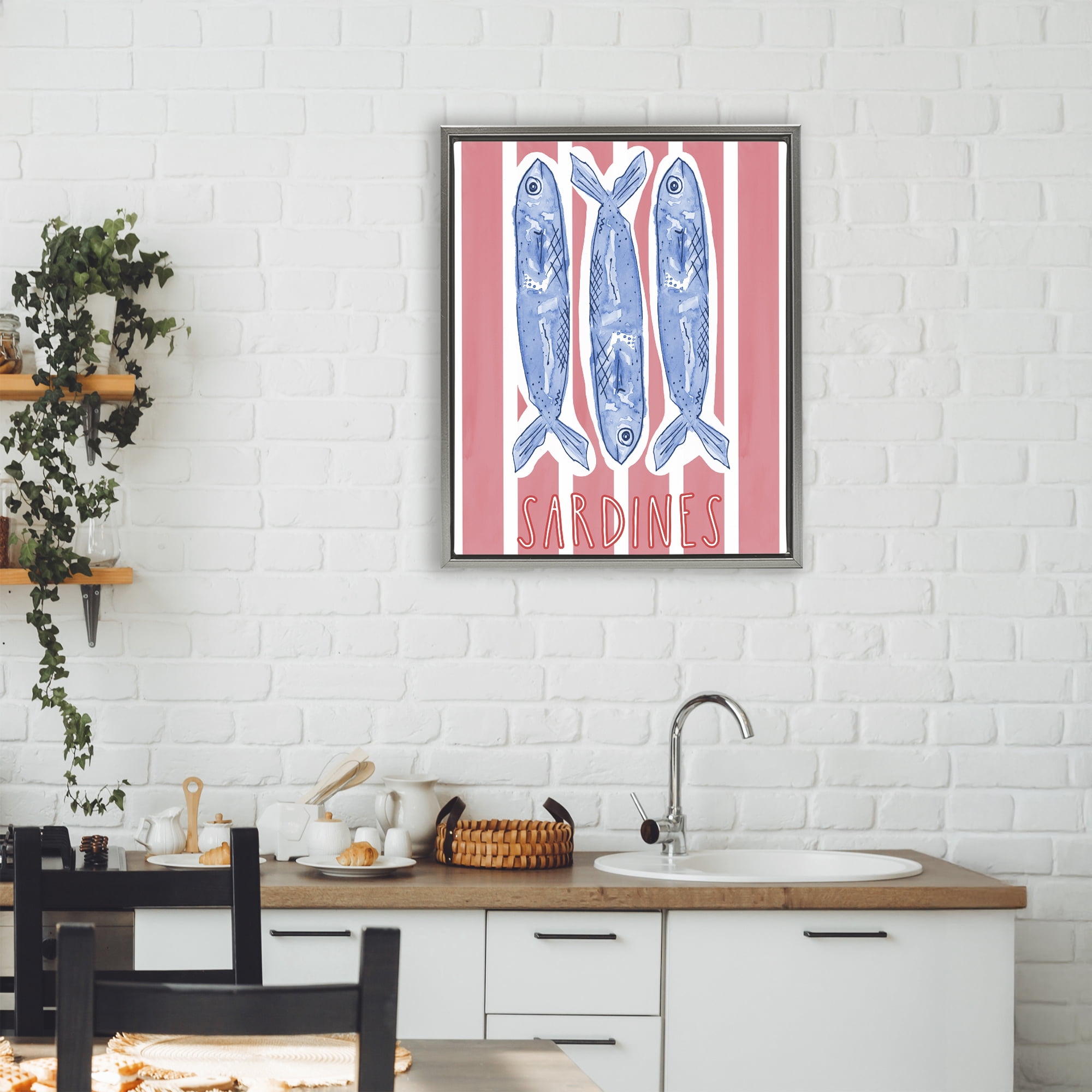 Stupell Industries Americana Sardines on Pink Stripes Gray Framed Floater Canvas Wall Art, design by Nola James