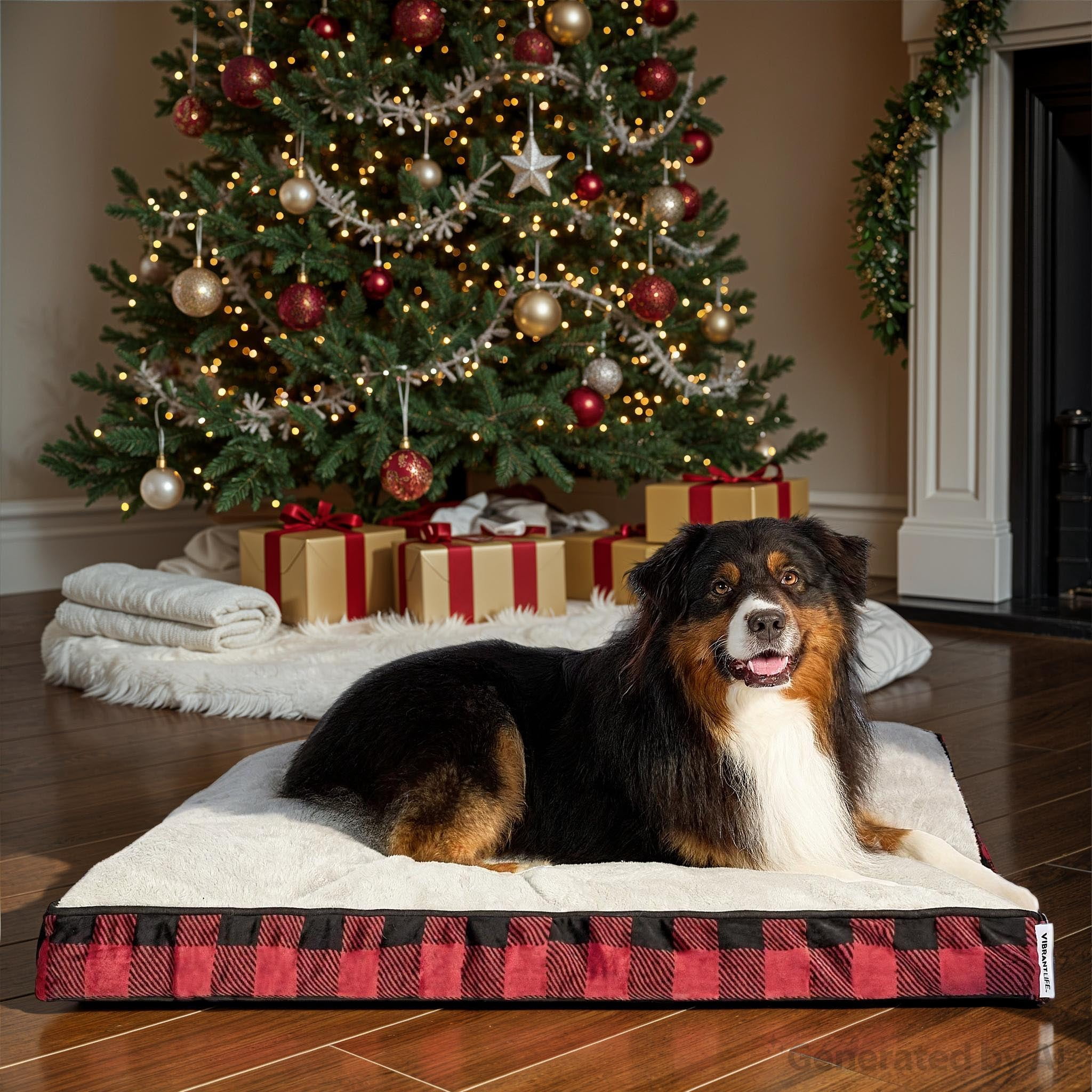 Vibrant Life Large Deluxe Gusset Pillow Pet Bed, Red and Black Plaid, 32" x 42"