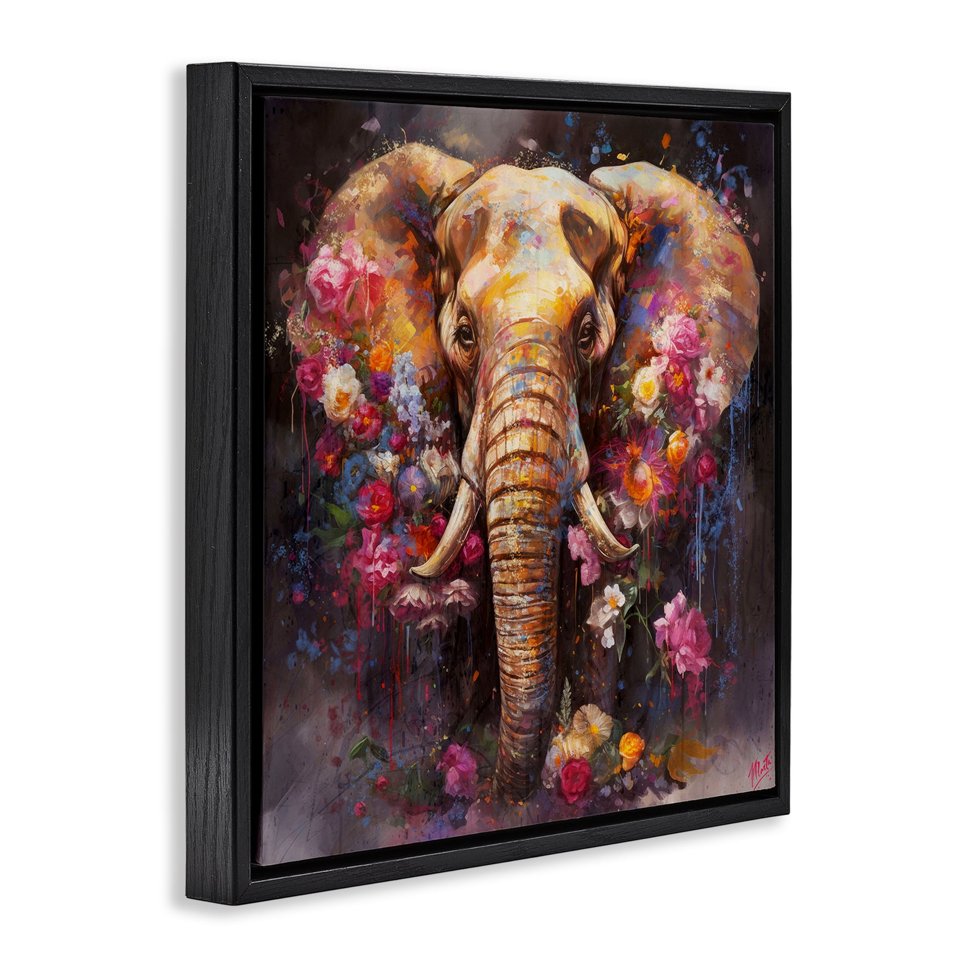 Stupell Industries Flower Swathed Elephant Animals Painting Black Floater Framed Canvas Art Print Wall Art, 18 x 18