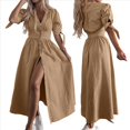 thumbnail image 3 of Vestido de Mezclilla con Cuello en V y Botones para Mujer, Cintura Media, Corta y Abertura Caqui L, 3 of 9