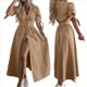 thumbnail image 3 of Vestido de Mezclilla con Cuello en V y Botones para Mujer, Cintura Media, Corta y Abertura Caqui M, 3 of 9