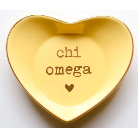 Chi Omega Jewelry Dish - Heart-Shaped High-gloss finish Ceramic tray with Gold Detailing, Multi-Function Ceramic Ring Dish for Home or Office, Ideal for Jewelry and Keys