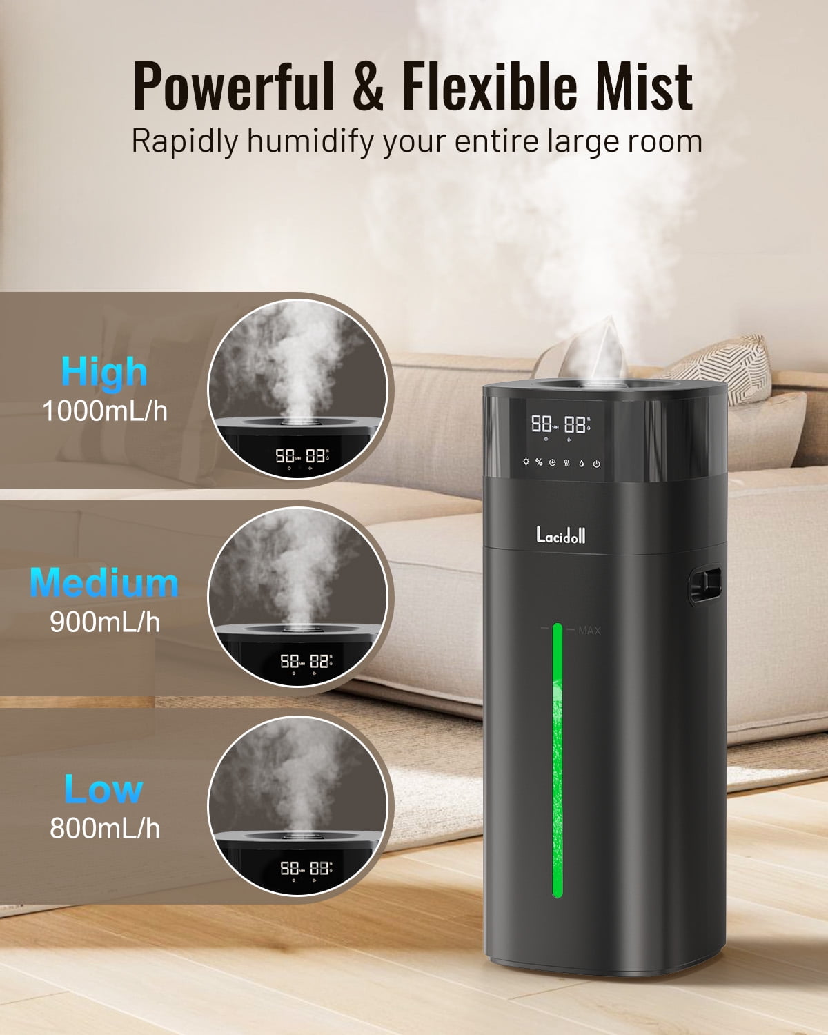 Large Room Humidifier, Cool & Warm Mist, 20L/5.3Gal Whole House Humidifier with Essential Oil Diffuser, Extended Tube, Covers up to 2000 Sq ft, Black