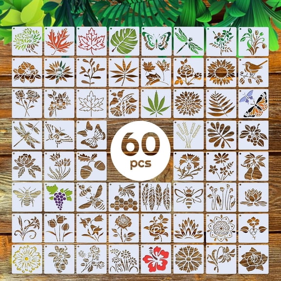 60pcs-Stencils for Painting – 3 Inch Small Stencils for Crafts Reusable, Including Flower, Plant & Butterfly Patterns, Great Templates for Painting on Wood, Fabric, Wall, Rock & Home Decor