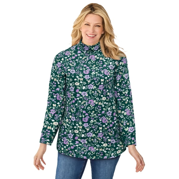 Woman Within Plus Size Perfect Printed Long-Sleeve Mockneck Tee