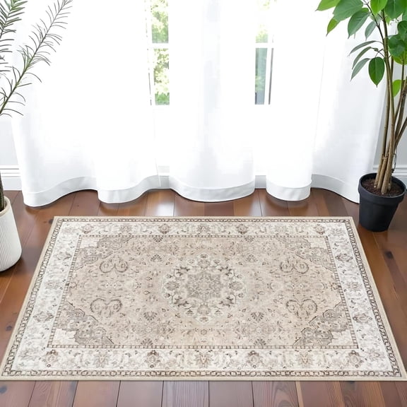 YOUFORTONG 2x3 Vintage Indoor Area Rug, Neutral Washable Non-Slip Farmhouse Rug,Soft Low-Pile Carpet for Entryway Kitchen Living Room Bedroom,Beige