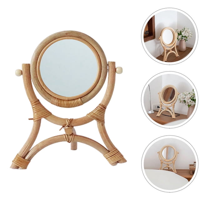 Homoyoyo 1Set Rattan Dresser Mirror Tabletop Vanity Small Wicker For Desk Round Rotatable High-Definition Reflection
