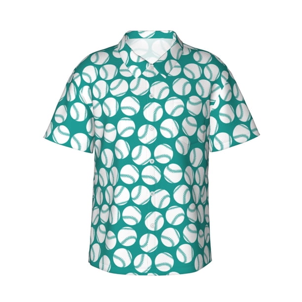Fotbe Green Baseball Camisa Hawaiana para Hombre Unisex – Camisa Casual de Verano con Botones de Manga Corta de Algodón y Lino,Small