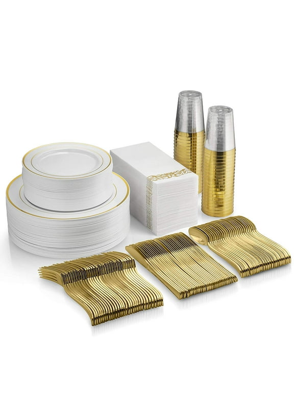 350 Piece Gold Dinnerware Set - 100 Gold Rim Plastic Plates - 50 Gold Plastic Silverware - 50 Gold Plastic Cups - 50 Linen Like Gold Paper Napkins, 50 Guest Disposable Gold Dinnerware Set