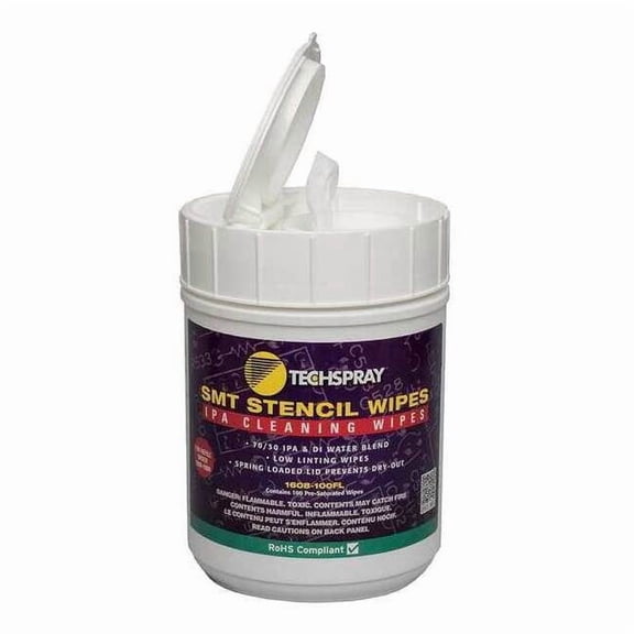 Techspray IPA Cleaning Wipes,Flip Top Tub,PK100 1608-100FL