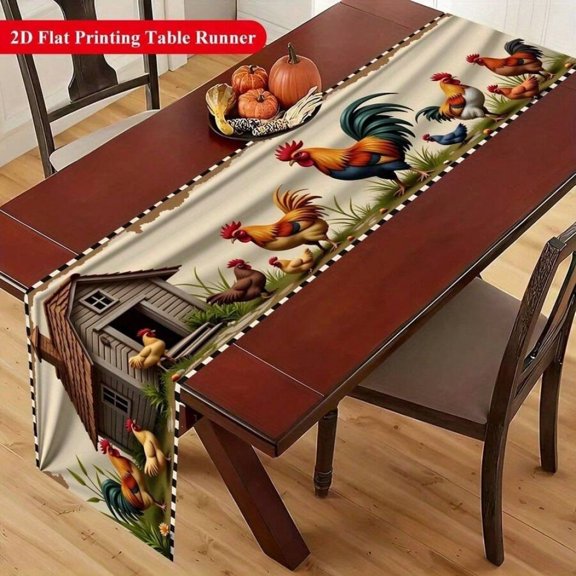 13x72inch Farmhouse Rooster & Hen Table Runner, Polyester, Multicolor Rural Scene For Dining Table Decor