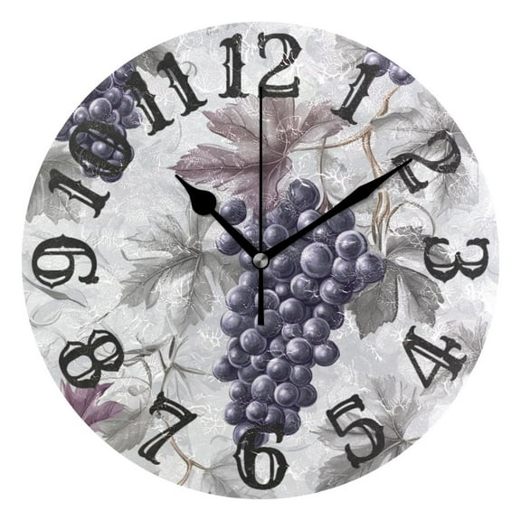Purple Grapes Leaves Wall Clock 10 inch Non-Ticking Easy to Read Decorative Clocks for Home Bedroom Living Room