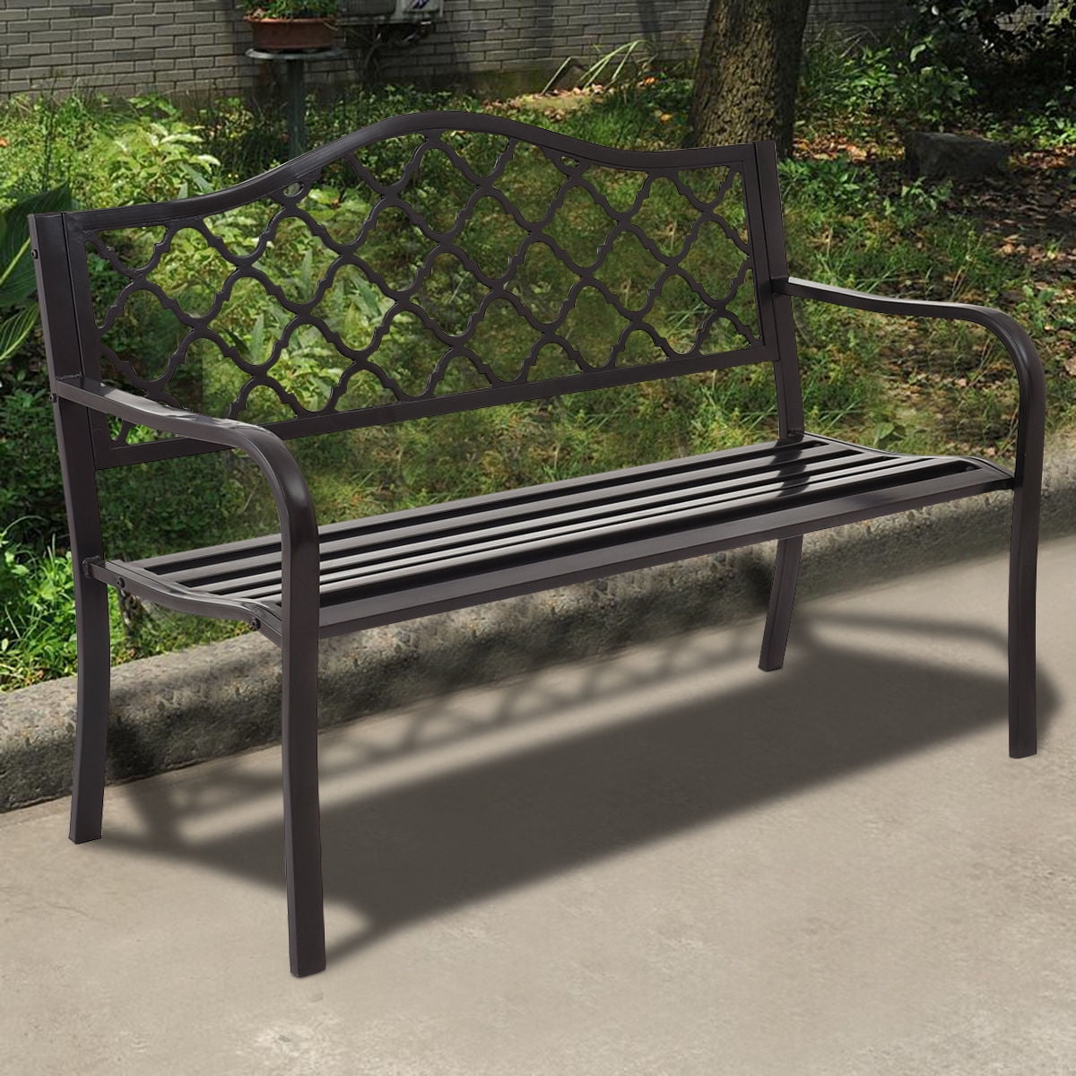 Costway 50'' Patio Garden Bench Loveseats Park Yard Furniture Decor Cast Iron Frame Black by Costway