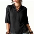 thumbnail image 4 of Babysbule Women Mandarin Collar Henley Blouse Flare 3/4 Sleeve Loose Fit Casual Top for Summer Office Brunch Daily Outfits, 4 of 9