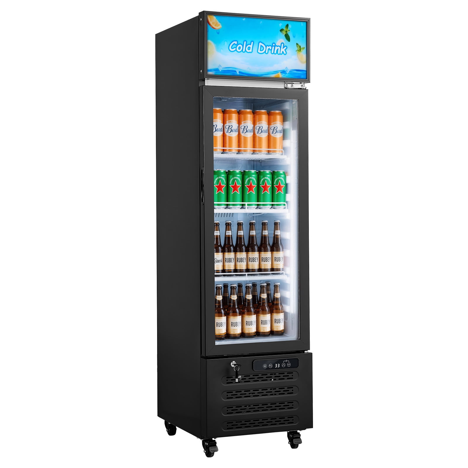 KFFKFF Commercial Glass Door Refrigerator, 6.1 Cu.Ft / 173 L Upright Beverage Cooler with Adjustable Lightbox, 3 Shelves & LED Lighting for Home or Business Use