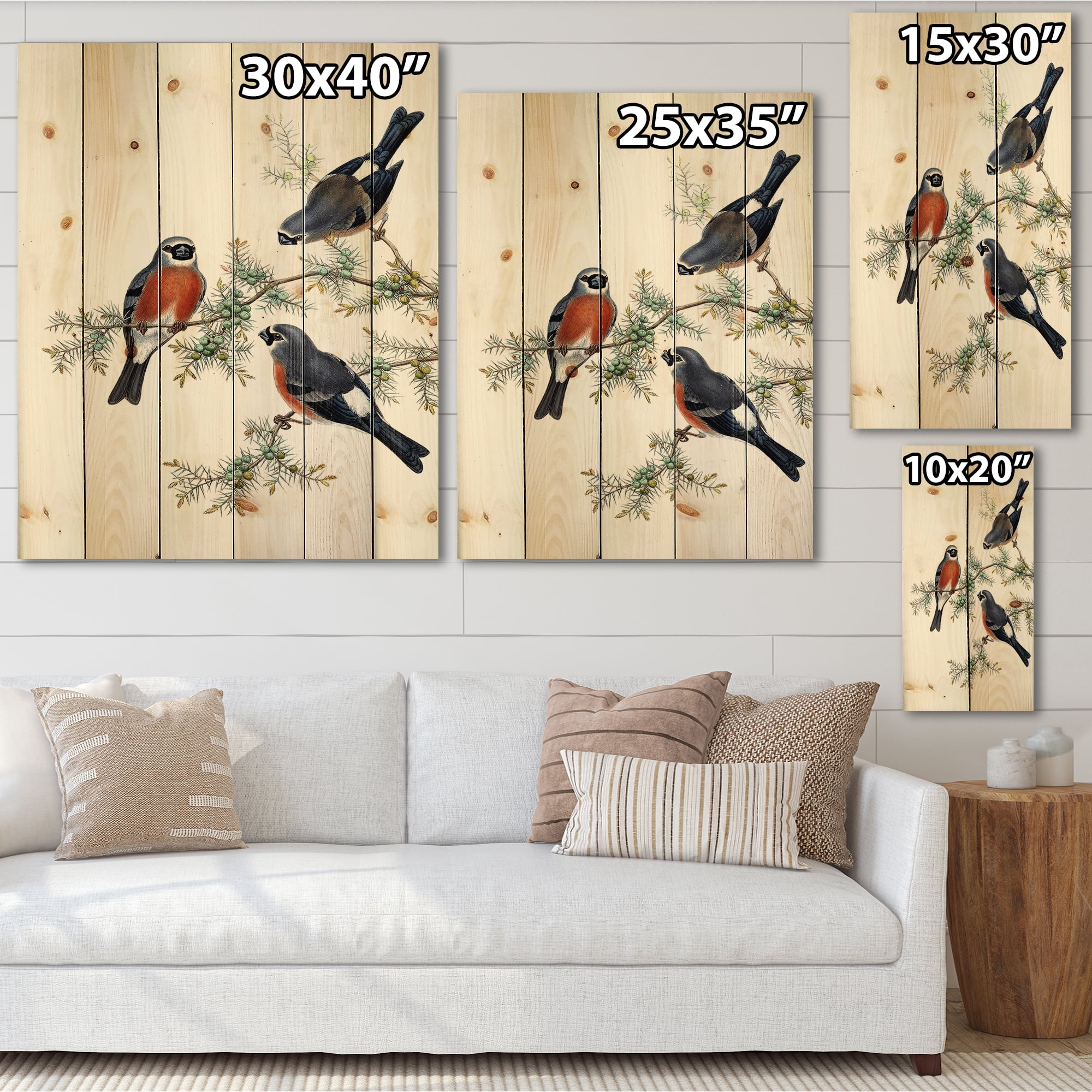 Designart 'Vintage Countryside Birds On Branch III' Farmhouse Print on Natural Pine Wood