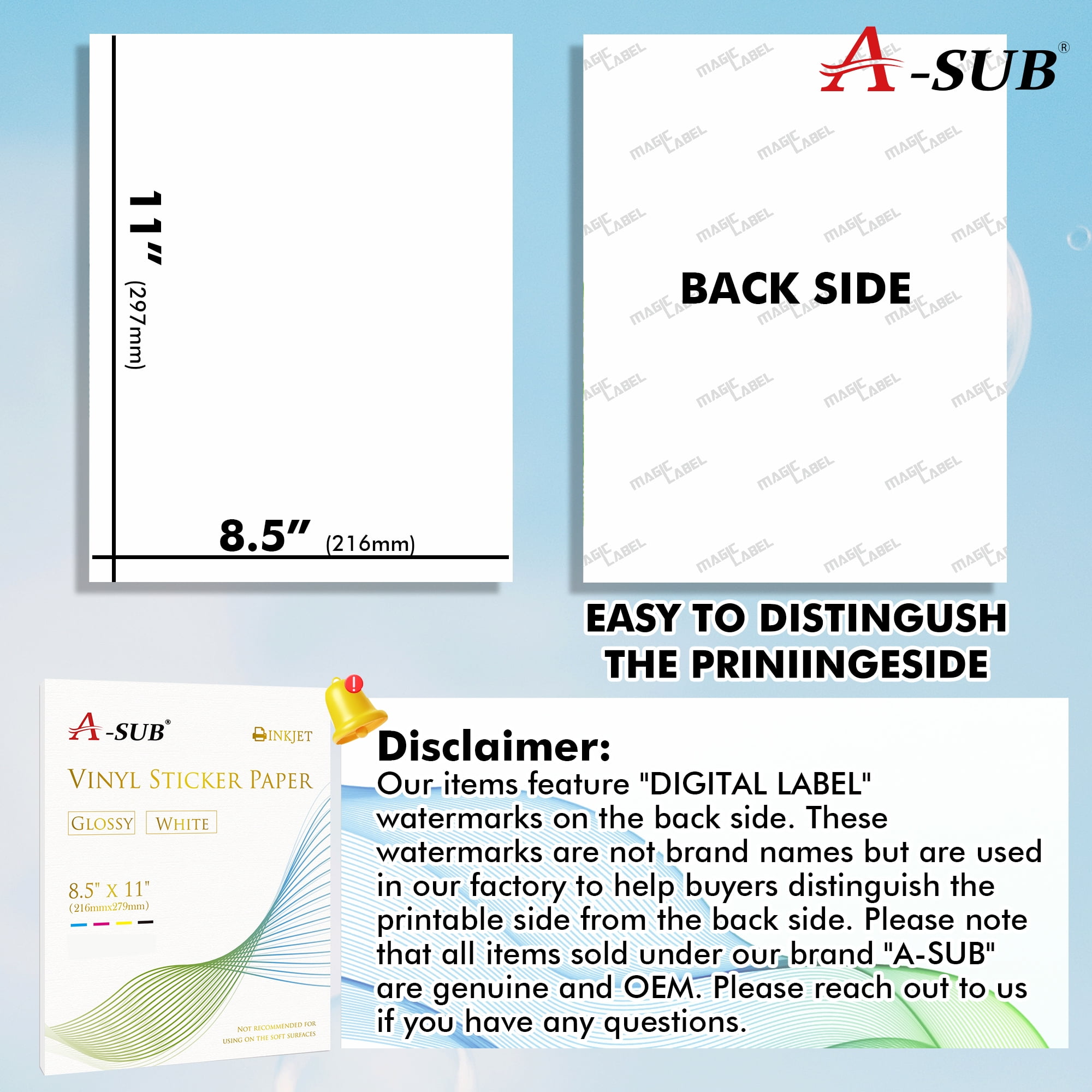A-SUB Printable Vinyl Sticker Paper Bundle, Glossy White & Clear, 8.5x11 Inches, 40 Sheets