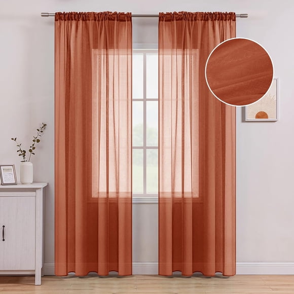 PinesC Terracotta Linen Textured Sheer Curtains 84 Inches Long 2 Panels for Bedroom/Living Room Semi Transparent Voile Drapes Rust Boho Farmhouse Fall Decor Narrow Window Panels Rod Pocket, W37 x L