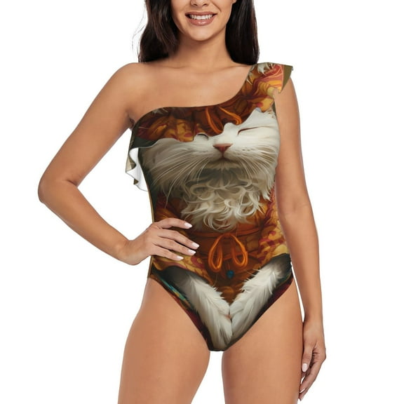 Rateoe Haystack Meditating Cat Pattern Women One Piece Swimsuits Tummy Control One Shoulder Bathing Suits Ruffle Swimwear-XX-Large