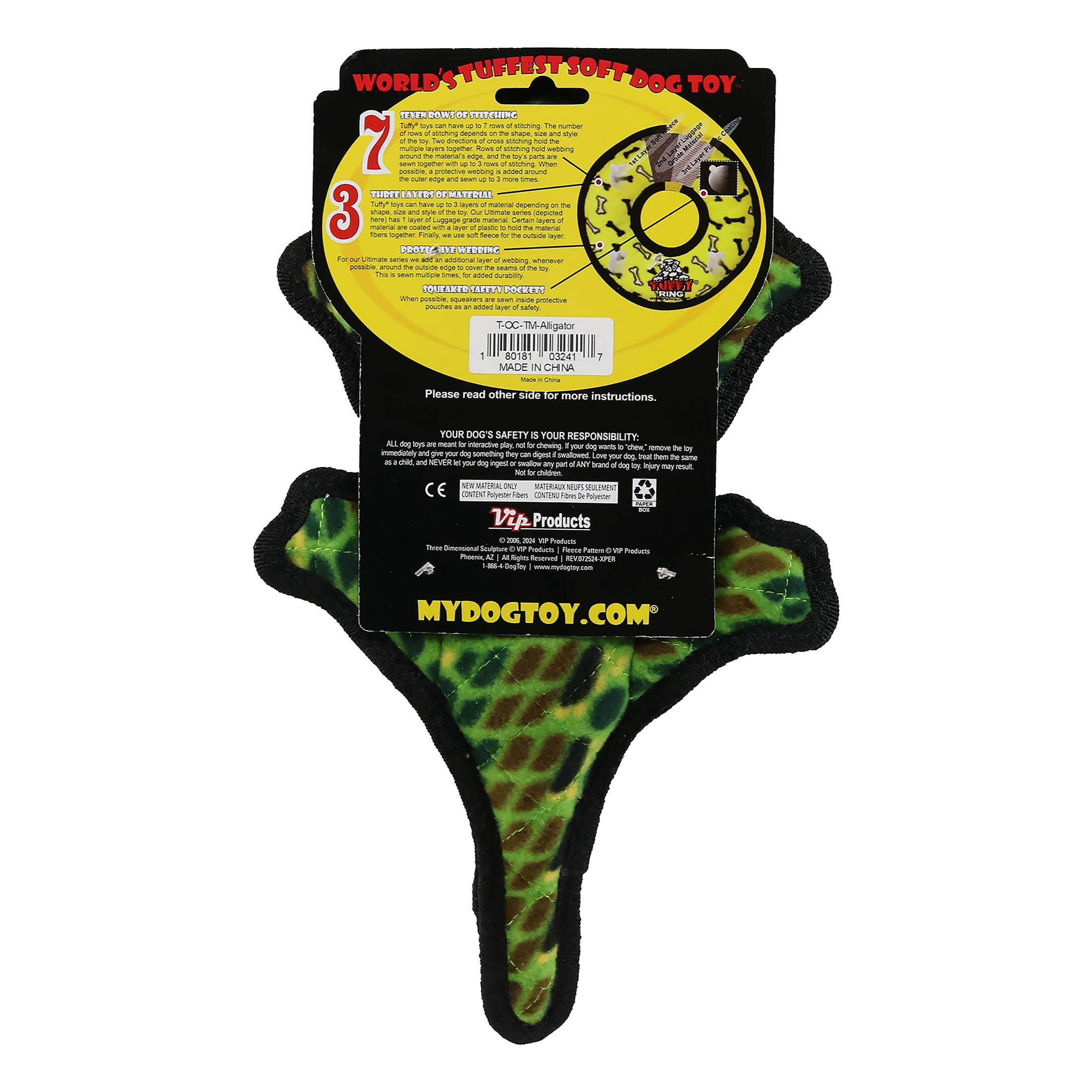 Tuffy Ocean Creature Medium Thin Alligator, Durable, Plush, & Squeaky Green Dog Toy