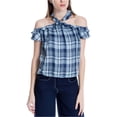 thumbnail image 2 of Max Studio London Womens Plaid Ruffle-Trim Halter Blouse Top, Blue, Medium, 2 of 2