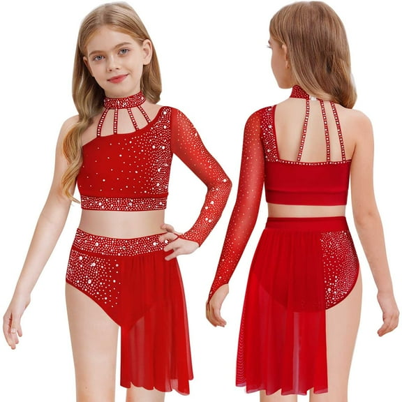 iiniim Girls Lyrical Dance Glittery Crop Top with Split Skirted Leotard 2 Piece Outfit Ballroom Dancewear Burgundy 8