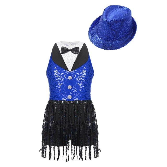 RUNQHUI Robe Justaucorps de Ballet Jazz Latin Moderne à Sequins Sans Manches pour Filles avec Chapeau Ensemble pour Compétition de Performance Bleu Royal 6