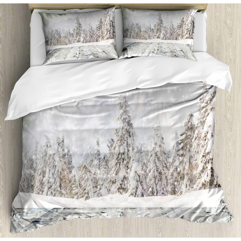 Winter Duvet Cover Set, Abstract Christmas Theme with Snow Covered