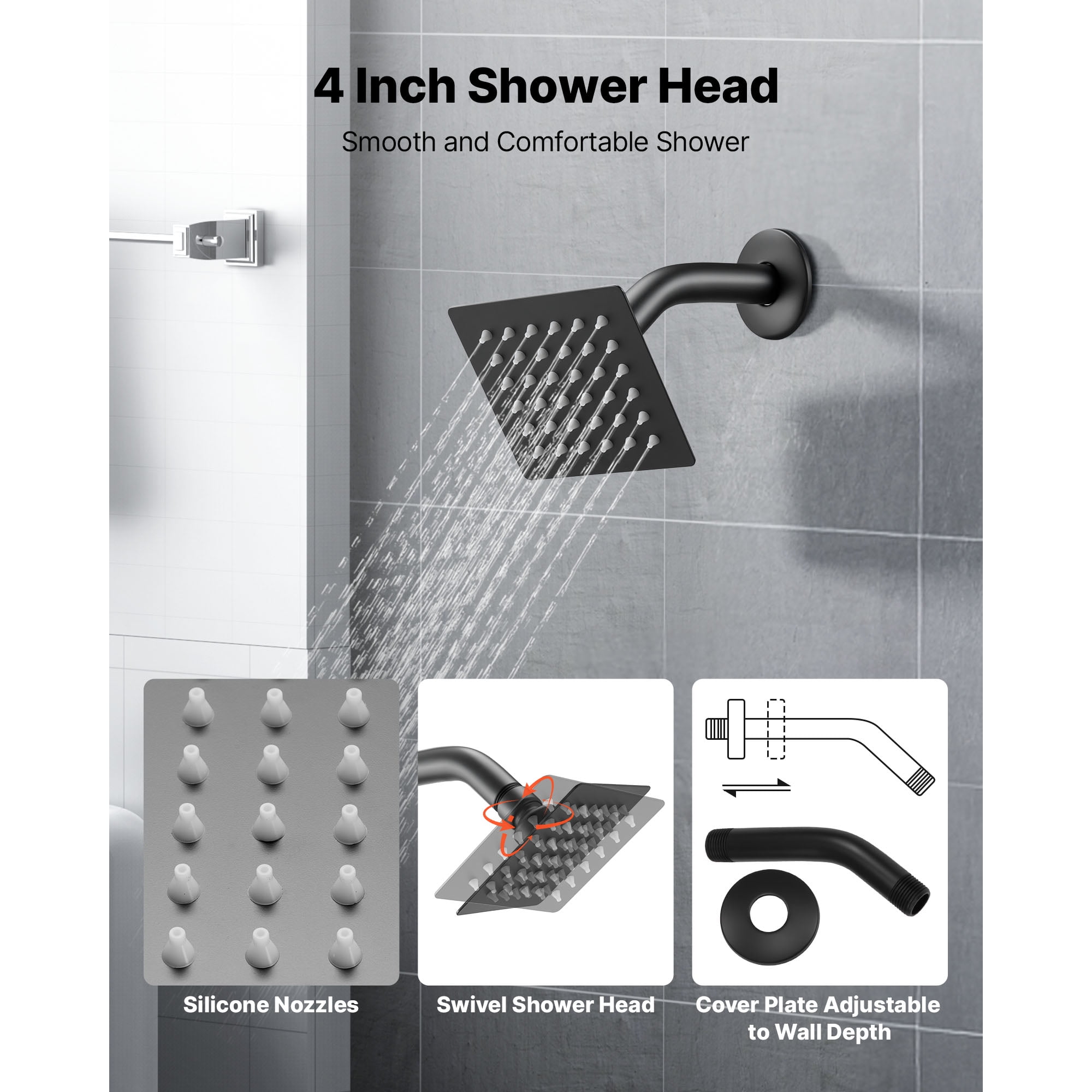 KFFKFF Tub and Shower Faucet Set with 4-Inch Rainfall Shower Head and Bathtub Spout, Single-Handle Tub Trim Kit Featuring 304 Stainless Steel Valve Trim, Matte Black Finish for Bathrooms