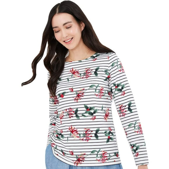 Joules Women's Harbour Print Long Sleeve Jersey Top (10 Floral Cream Stripe)
