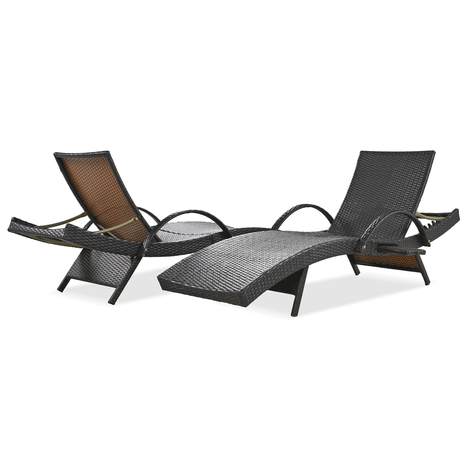 Aimee Lii Set of 2 Patio Wicker Adjustable Backrest Ergonomic Chaise Lounge Chairs with Pull-out Side Table, Convenient and Comfortable, Brown