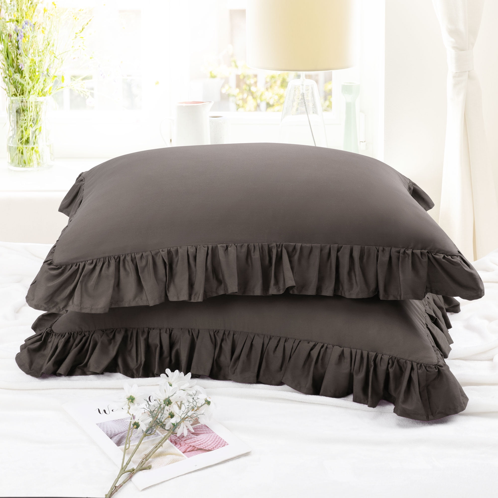 Unique Bargains 2 Pcs 100% Cotton Envelope Closure Ruffled Pillowcases Beaver Queen