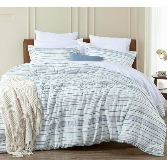 Chezmoi Collection 5-Piece Boho Clip Jacquard Bed in a Bag Set Twin Size, Teal Blue White Striped Soft Textured Lightweight Comforter Bedding for All Season with Bed Sheets Set
