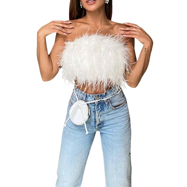 Women Feather Vest Sleeveless Solid Color Strapless Fluffy Backless Slim Fit Tube Tops