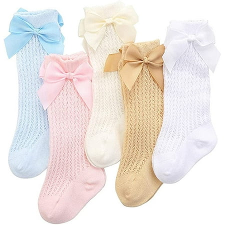 

Spanish 5 Pack Baby Girls Bow Knee High Socks Mesh Cotton Newborn Toddler Long Socks Stockings