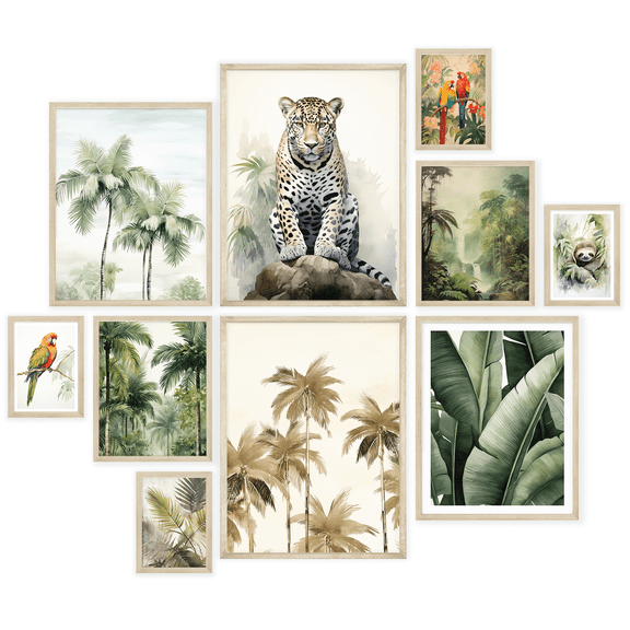 Nistio Rainforest Wall Art, Tropical Birds Parrots Wall Posters, Leopard Wild Animals Wall Art, Palm Tree Prints, Modern Safari Wall Collage, Set of 10 (Unframed)