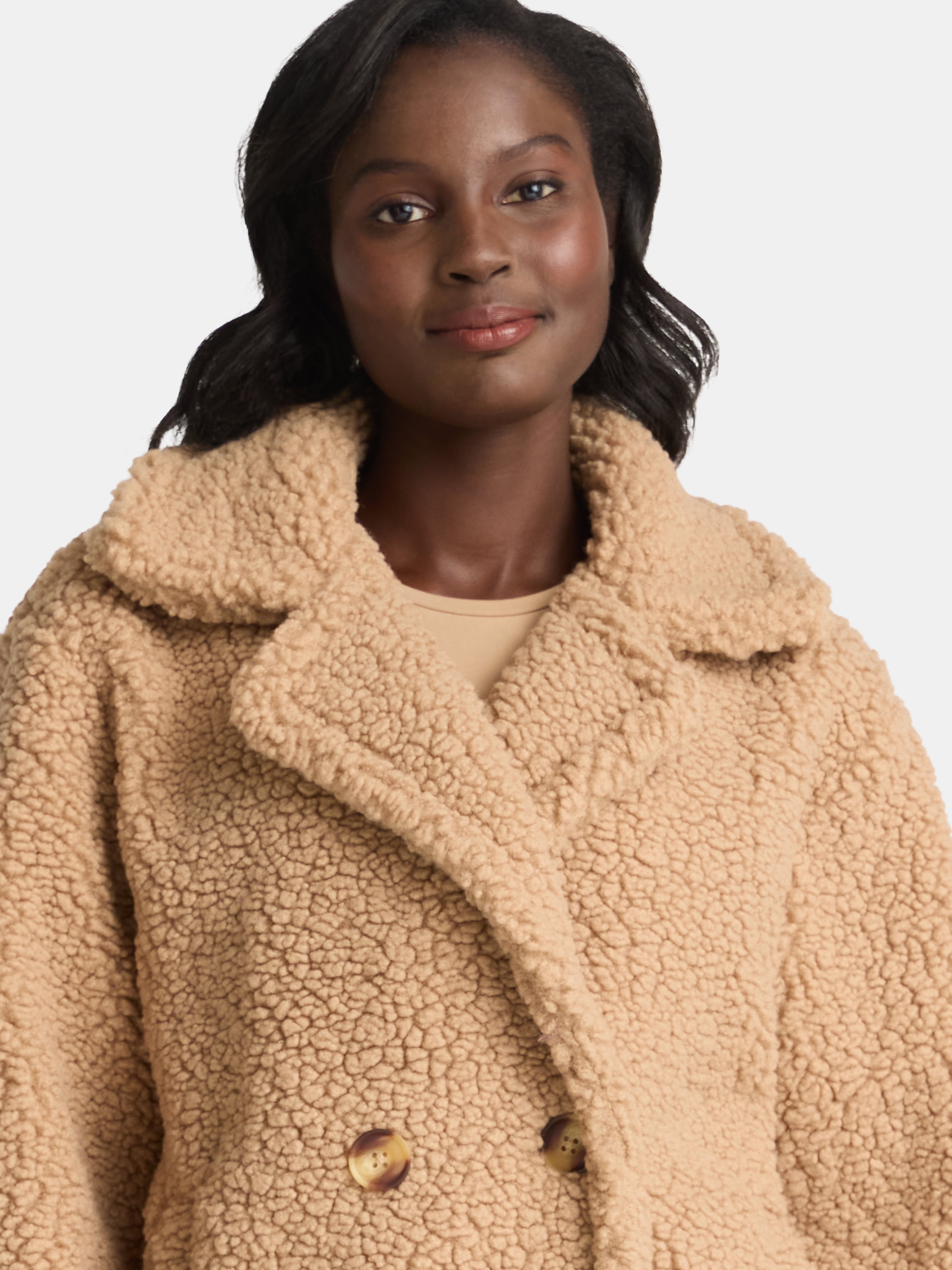 Time and Tru Women's and Women's Plus Teddy Double Breasted Jacket, Sizes XS-3X
