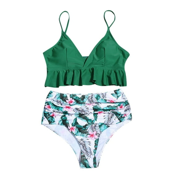 DOPI Women Sexy Ruffle Vrouwen Solid Print Badpak Backless Badmode Hoge Taille Bikini