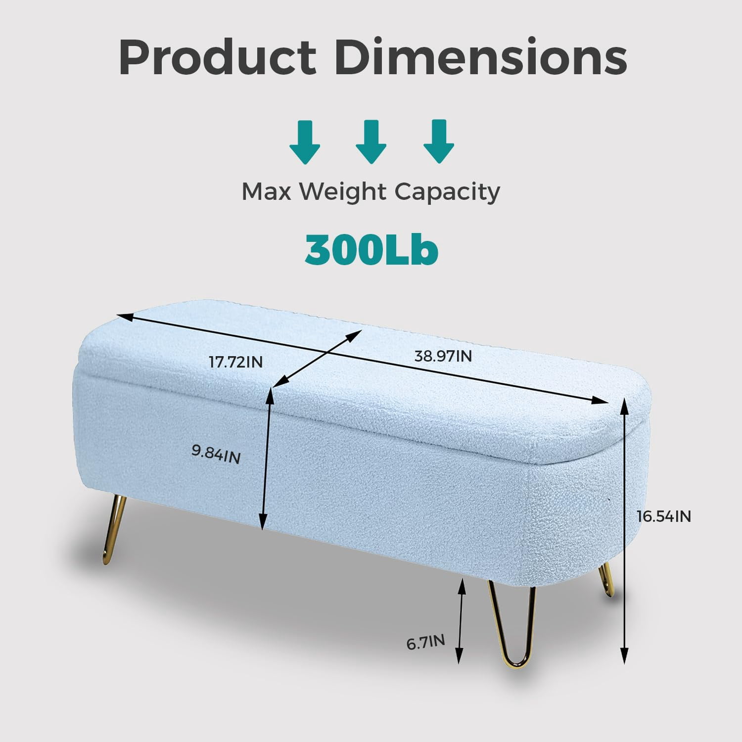 Upholstered Storage Ottoman-Rectangular Padded Seat Bench,Teddy Fabric Shoe Storage with Gold Legs for Bedroom End of Bed, Entryway, and Living Room