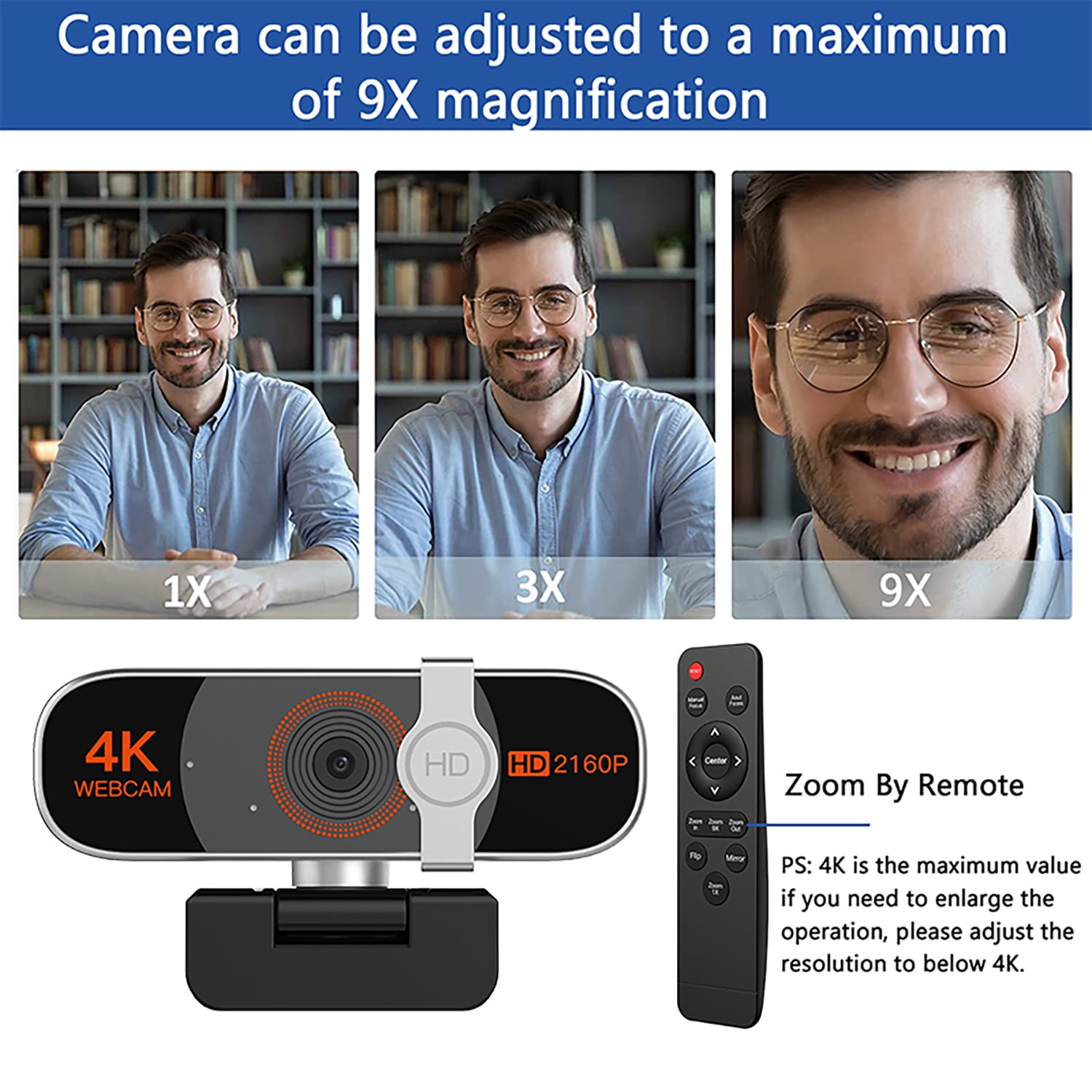4K Webcam for PC, Auto-zoom,with remote control,Privacy Cover, White Balance, Webcam with Microphone, Plug & Play, 4K Web Camera for Laptop/Desktop, Video Calling,Conferencing