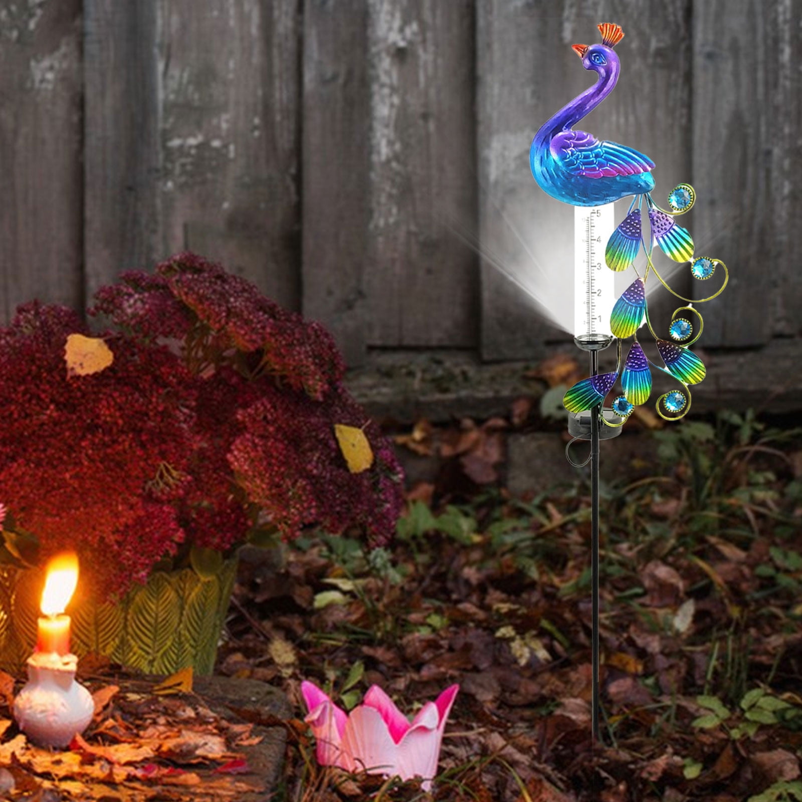 Kmdttou Outdoor Solar Lights 35.1 Inch Rain Gauge, Solar Lighted Garden Stake Decorations With 16 LED Warm Lights, Metal Yard Art Outdoor Meadow Patio Decor