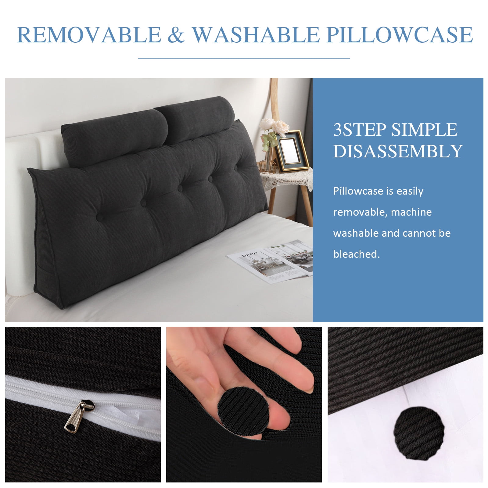 Lovote Bed Headboard Wedge Pillow with Neck Roll Pillow Ultimate Back Support and Comfort, 59"x20",Black