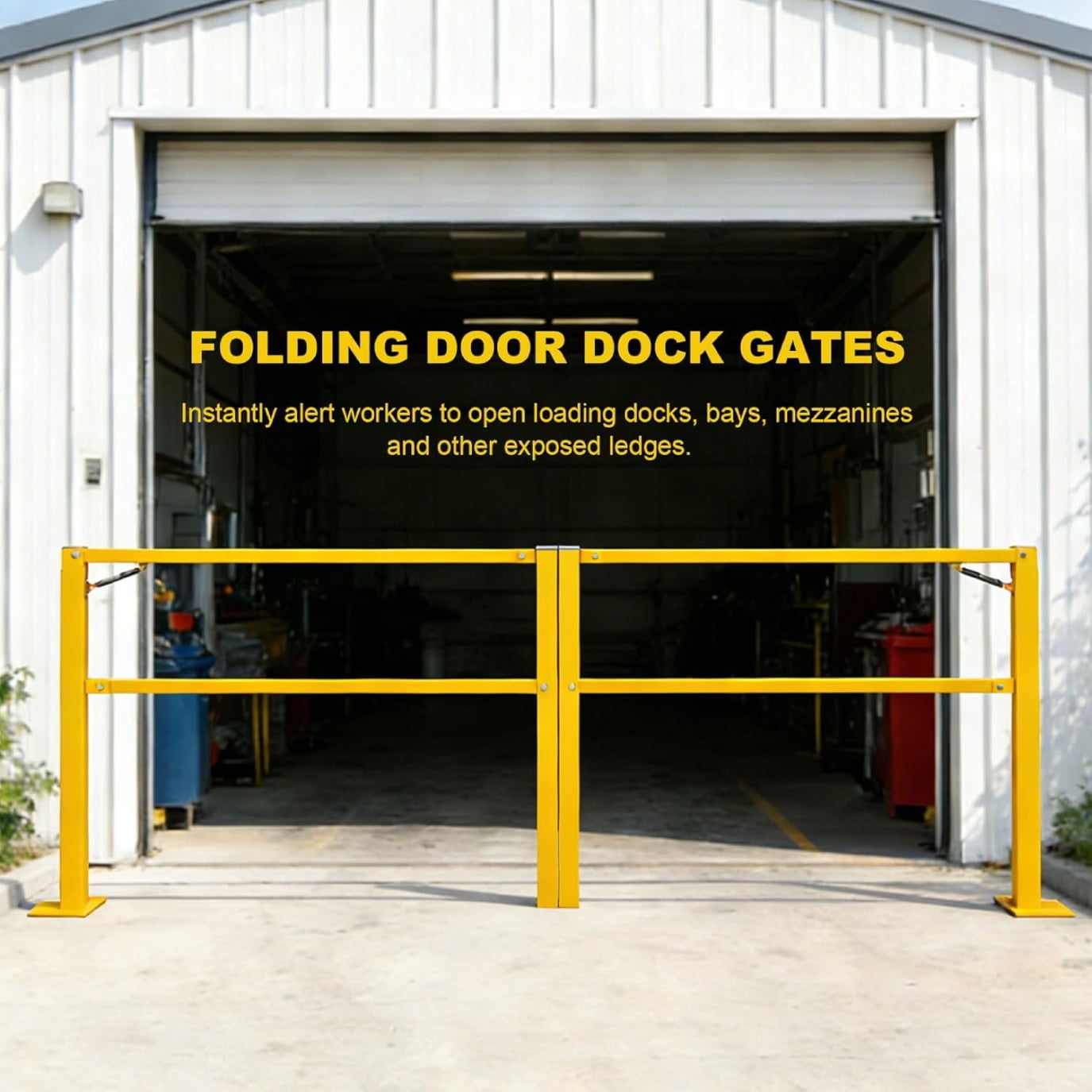 Reykilor 11.5' W Door Dock Gate for Loading Bay Fall Hazard Protection, Folding Security Gate, Safety Barrier with Steel Columns, Yellow Powder Coated