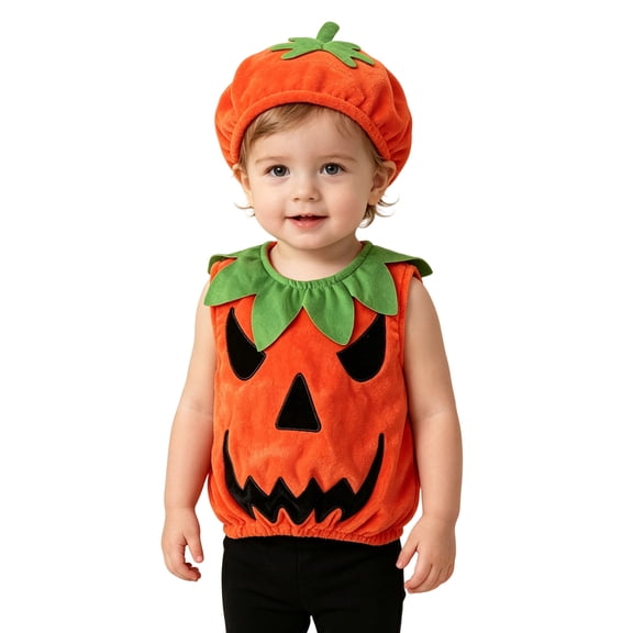 FYDUU Toddler Baby Girls Boys Halloween Pumpkin Sleeveless Vest Tops with Hat 2Pcs Outfits Cute Clothes Holiday Party Set