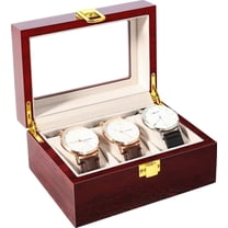 Uten 3-Slot Wooden Watch Box for Men, Watch Display Case with Glass Top & Removable Pillows, Velvet Lining Watch Organizer, Red